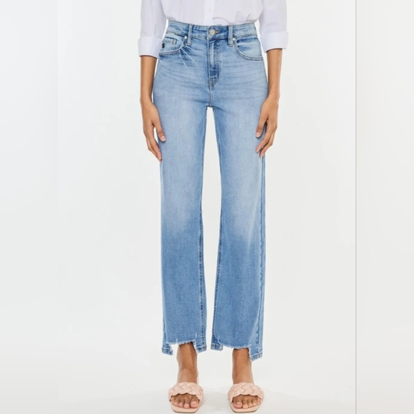 KanCan Denim - KanCan High-Rise Waist Distressed Raw Hem Wide Straight Leg Mom Denim Jean Pants
